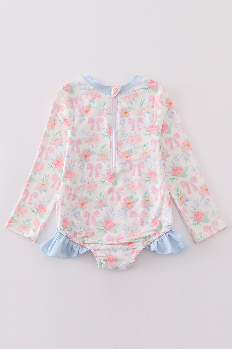 Pink floral bow print long sleeve girl swimsuit