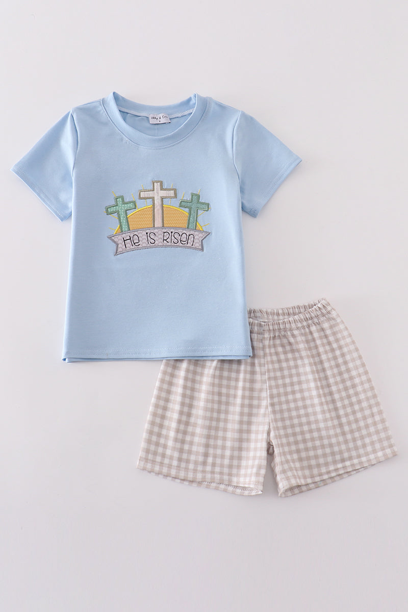 Blue easter he is risen applique boy set