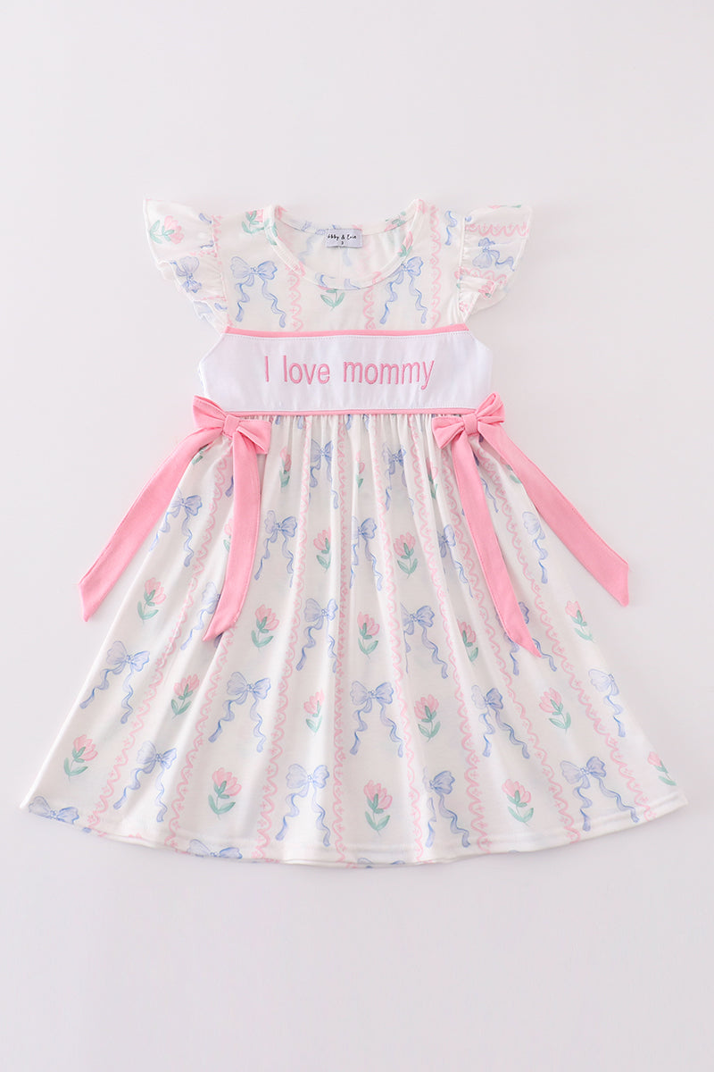 Pink bow I love mommy embroidery girl dress