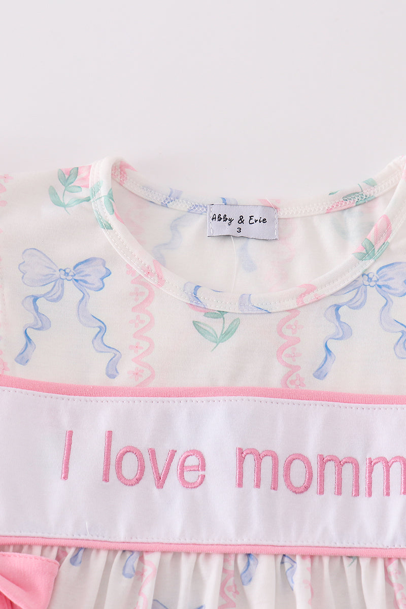 Pink bow I love mommy embroidery girl dress