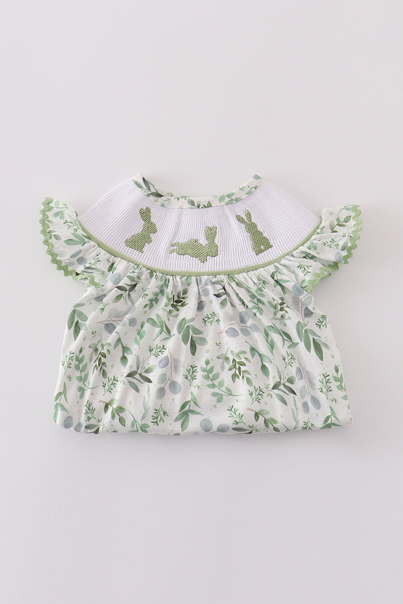 Sage leaf bunny embroidery smocked bubble