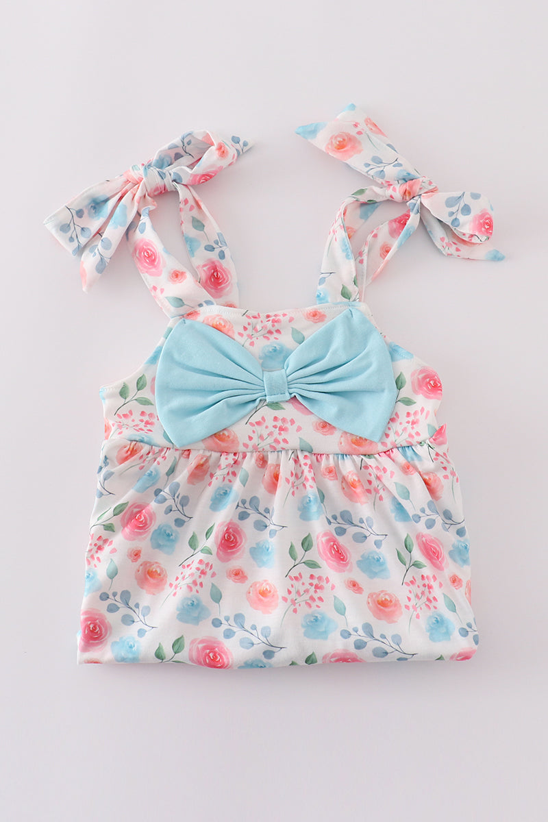 Blue floral print bow bloomer set