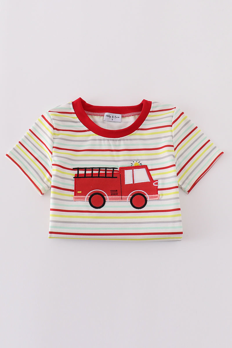 Red fire truck applique shorts set