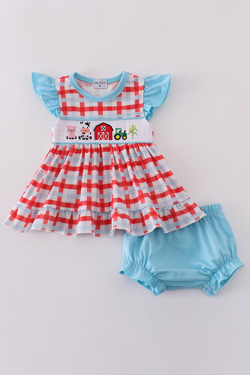 Blue farm embroidery smocked bloomer set