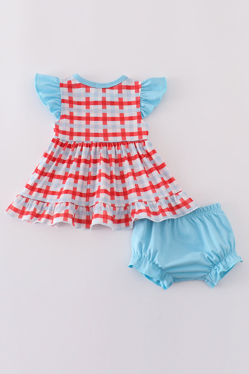 Blue farm embroidery smocked bloomer set