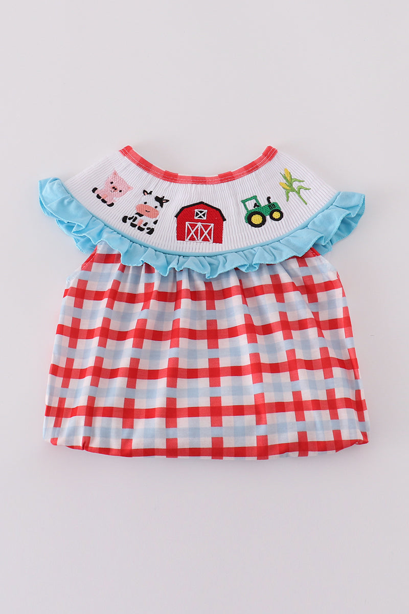 Blue farm embroidery smocked bubble