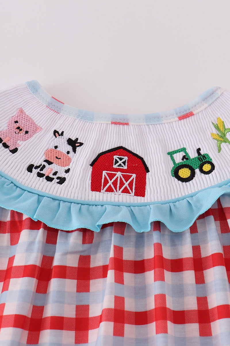 Blue farm embroidery smocked dress