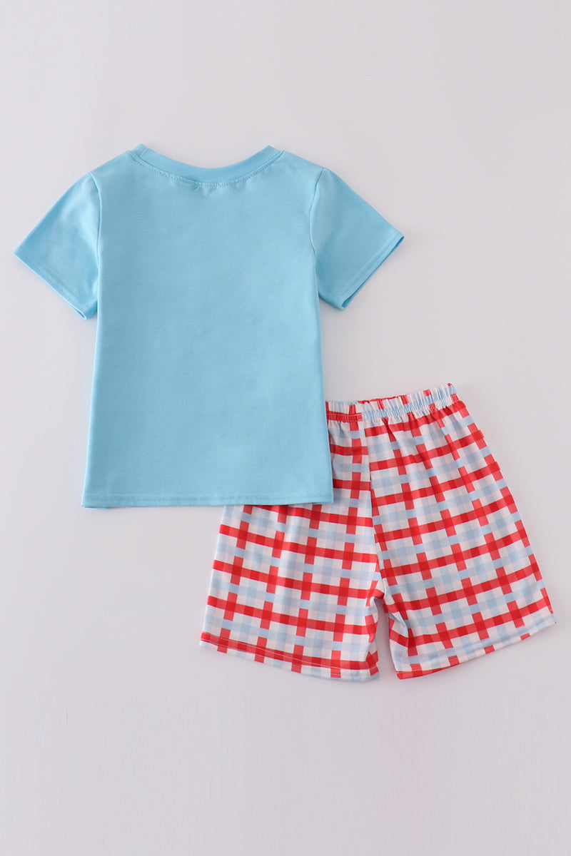 Blue farm embroidery smocked shorts set