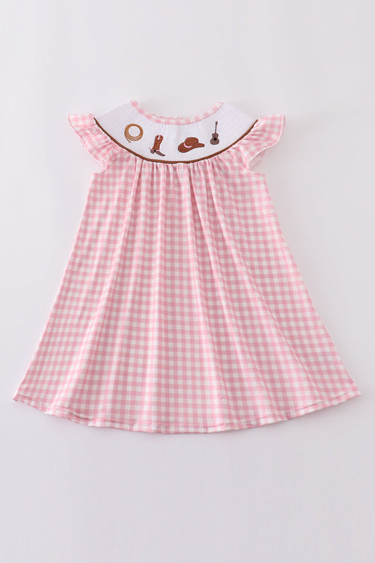 Pink western embroidery smocked dress