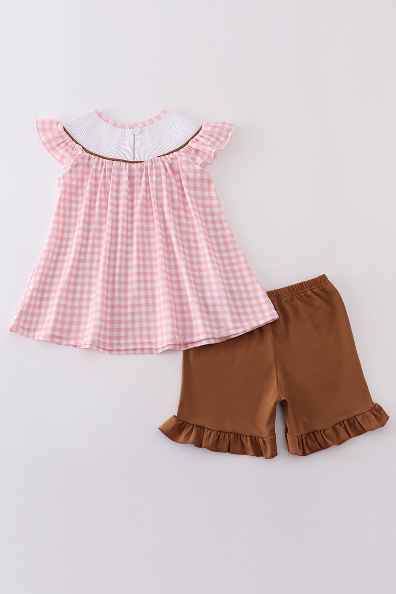 Pink western embroidery smocked set