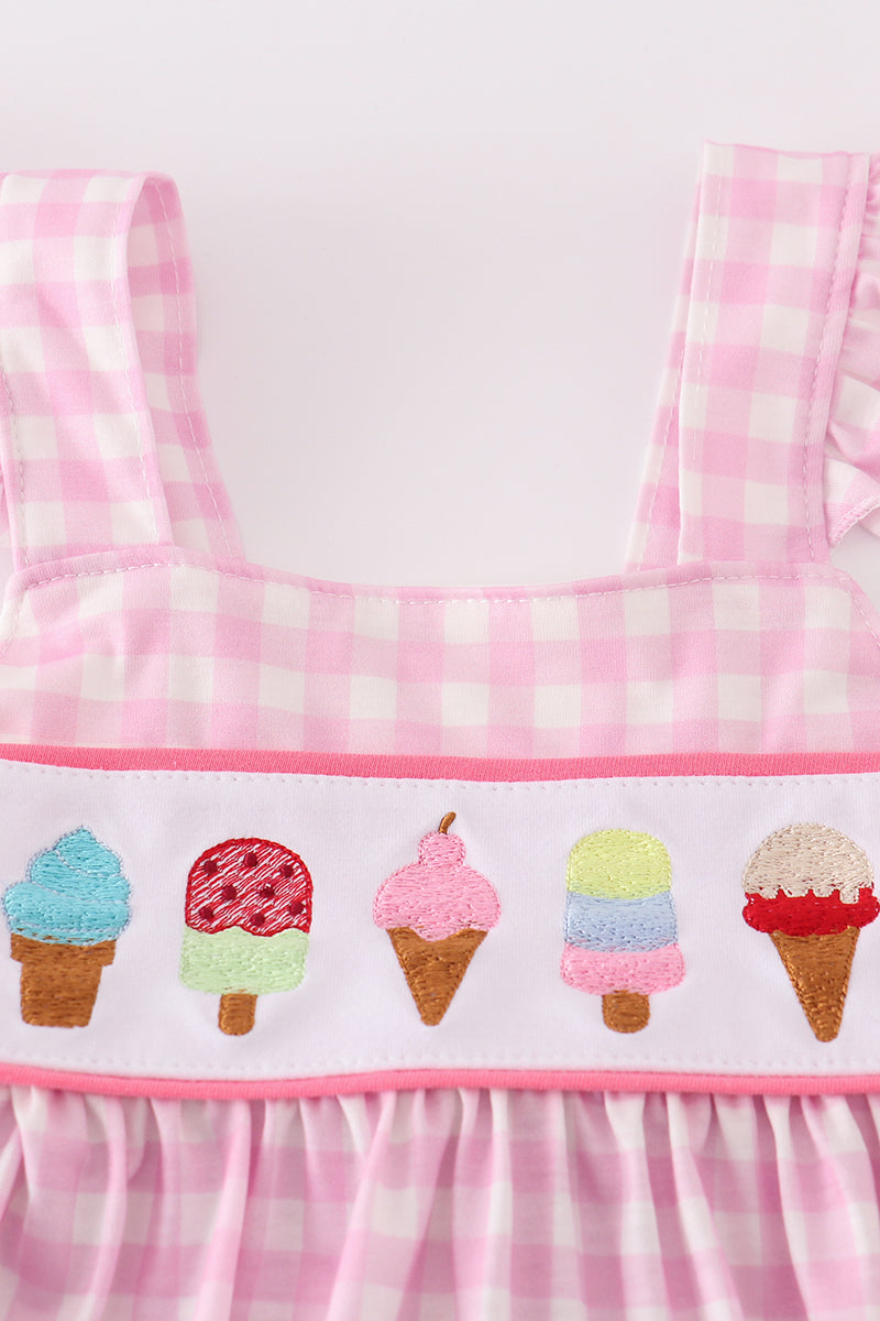 Pink ice cream embroidery gingham dress