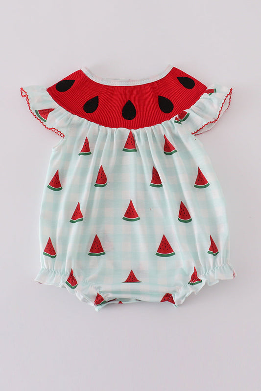 Green watermelon print smocked bubble