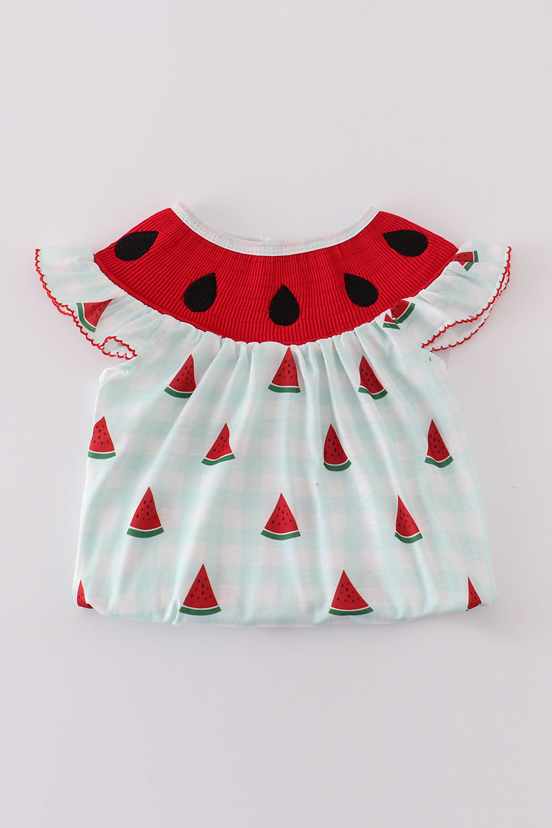 Green watermelon print smocked bubble