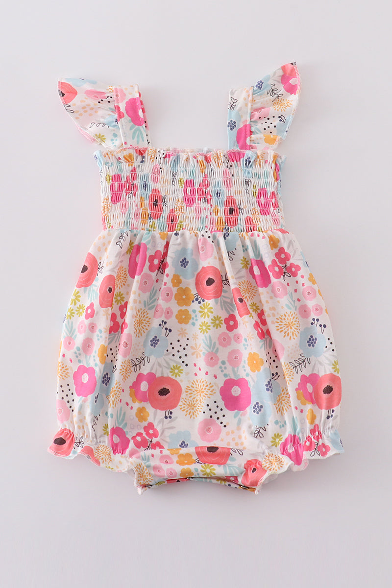 Pink floral print smocked bubble