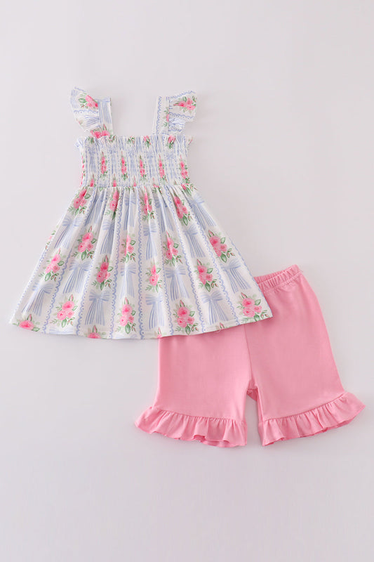 Blue floral print smocked set