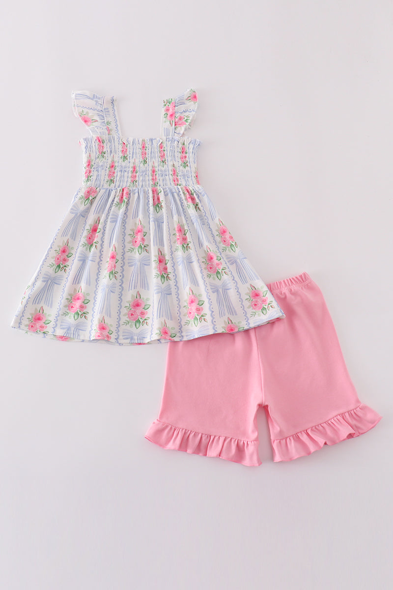 Blue floral print smocked set