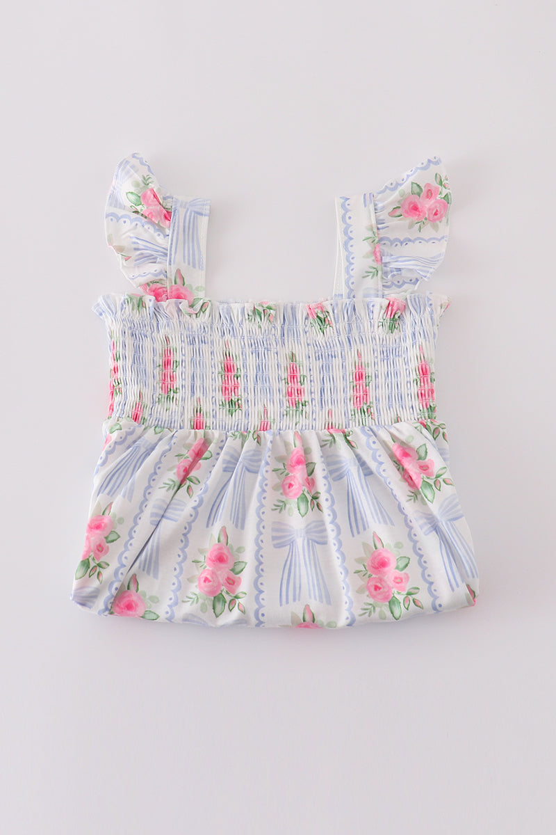 Blue floral print smocked set