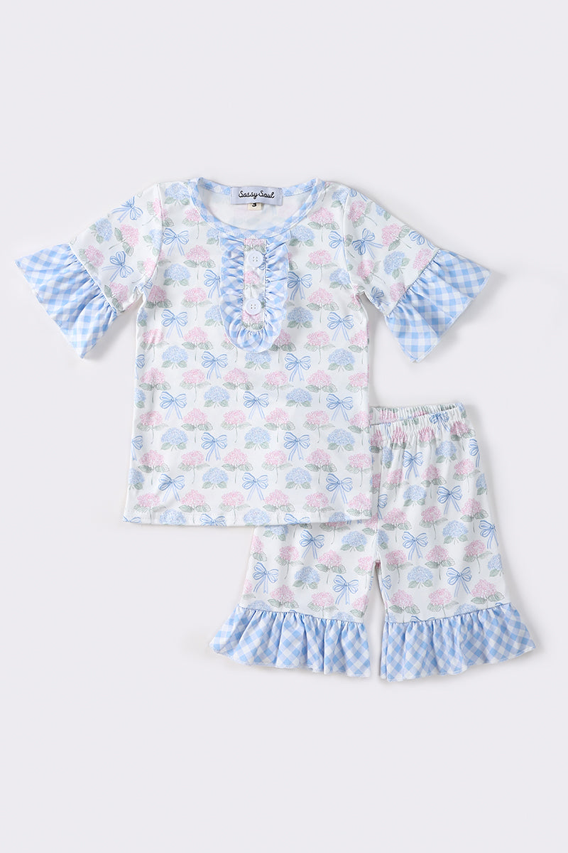 Blue floral bow print girl set