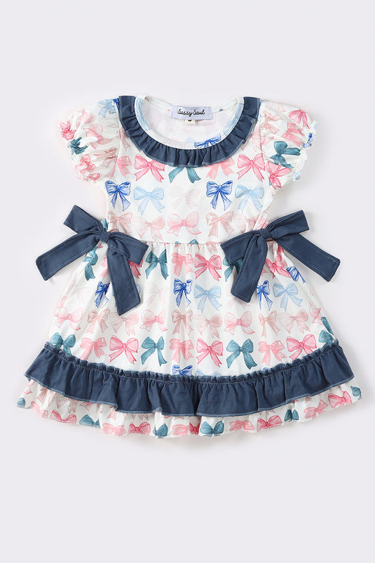 Blue Bow Print Ruffle Dress