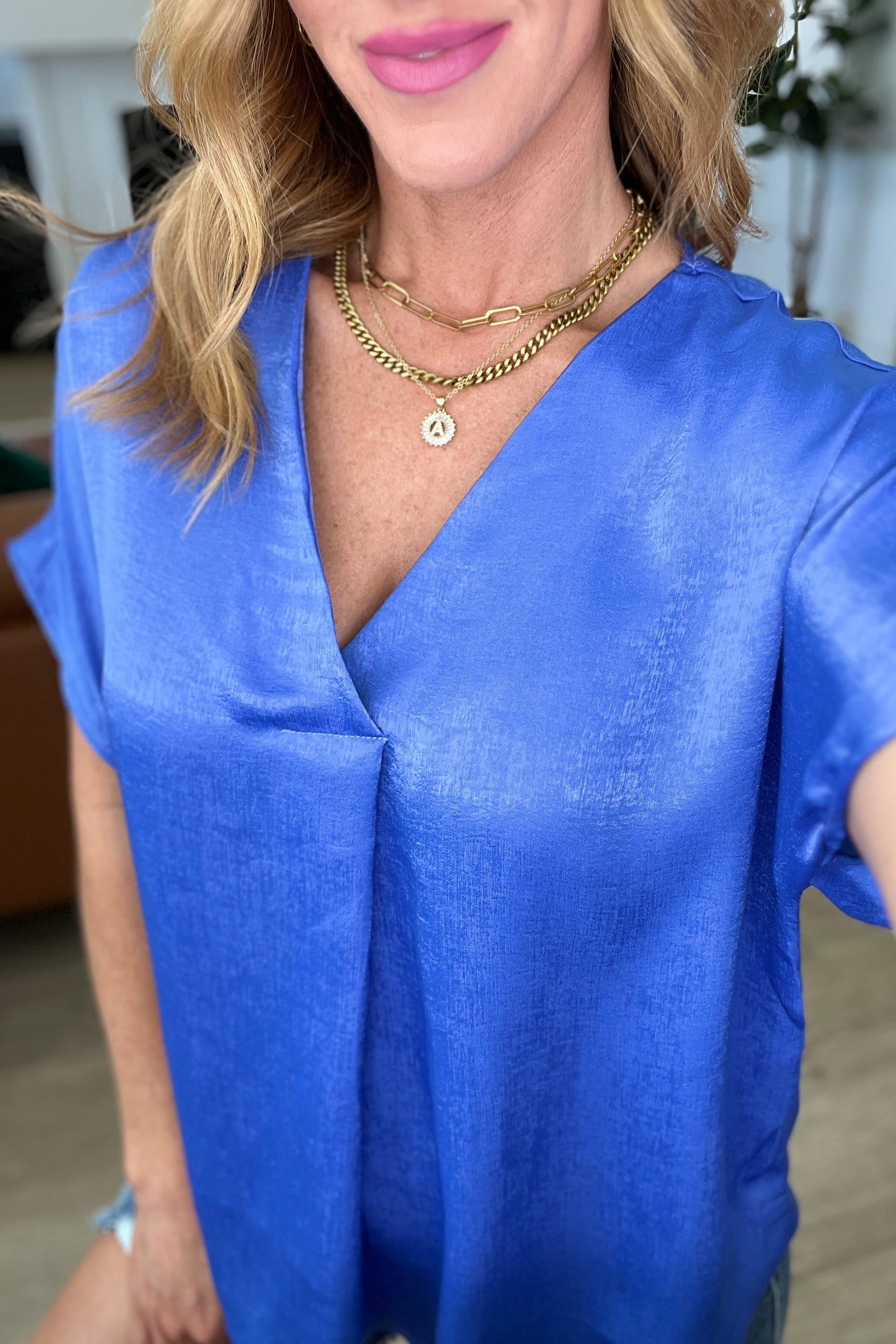 Pleat Front V-Neck Top in Royal Blue