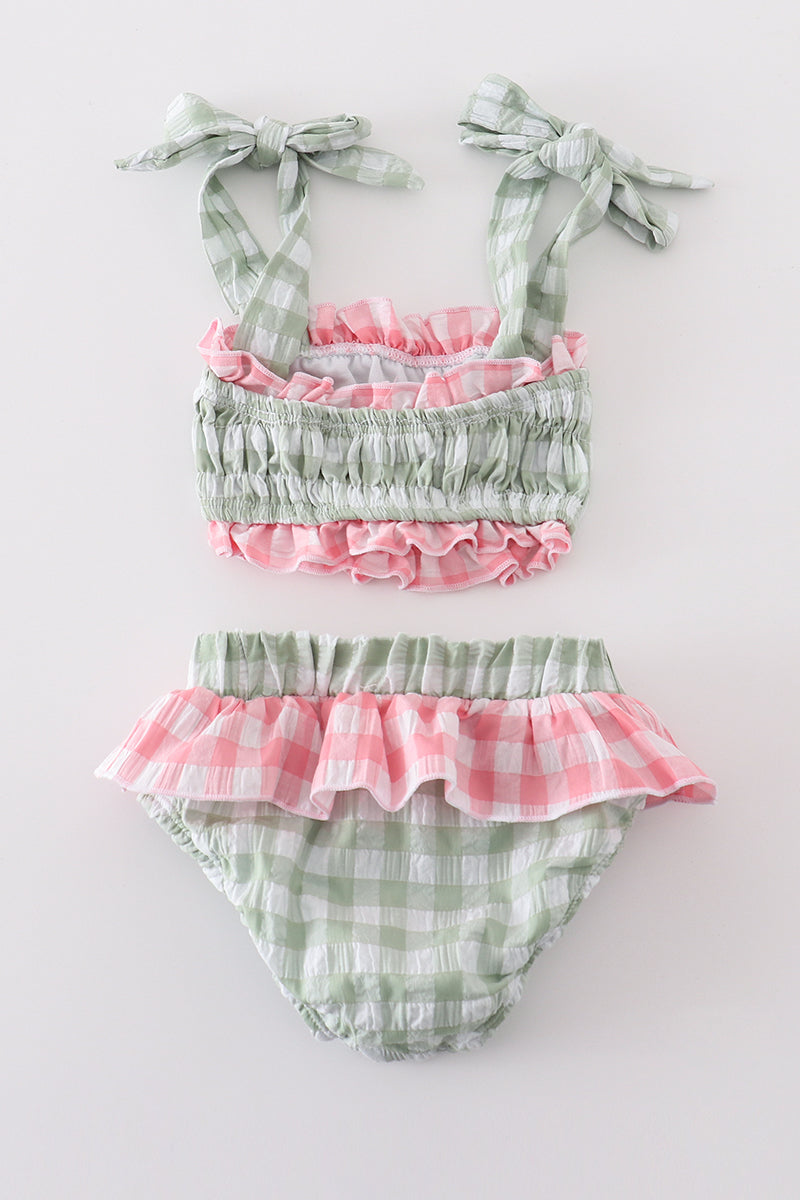 Green seersucker gingham 2pc girl swimsuit