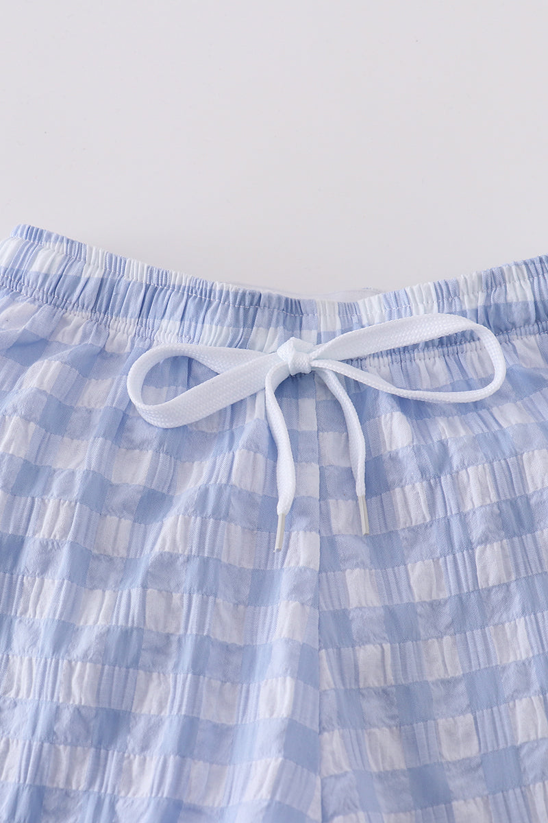 Blue seersucker gingham boy swim trunks