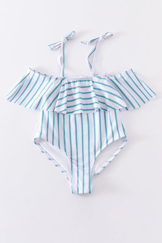 Blue stripe strap girl swimsuit one piece UPF50+