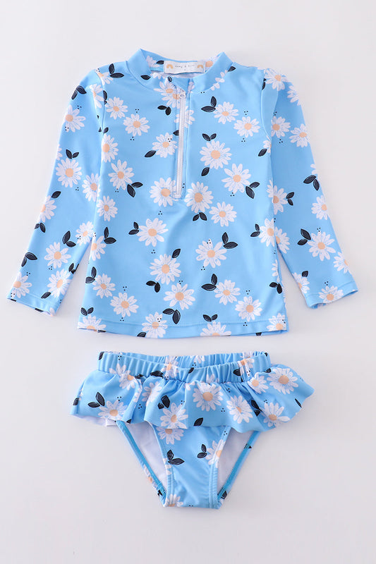 Blue daisy print 2pc girl swimsuit UPF50+