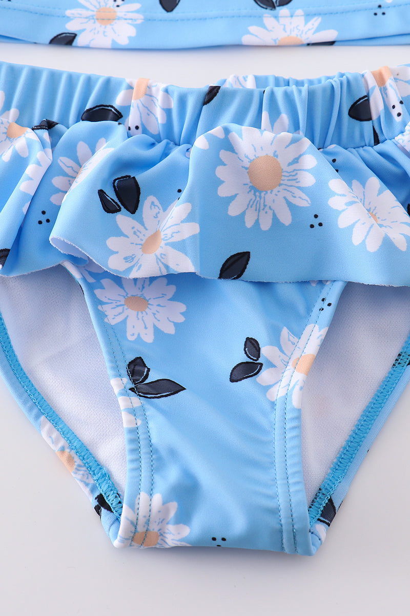 Blue daisy print 2pc girl swimsuit UPF50+