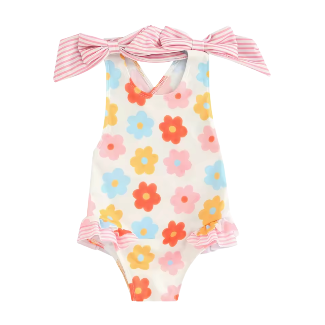 Yellow Cartoon Floral One Piece Swimsuit