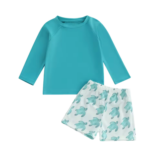 Sea Turtle Teal Rashguard Swim Trunk Set