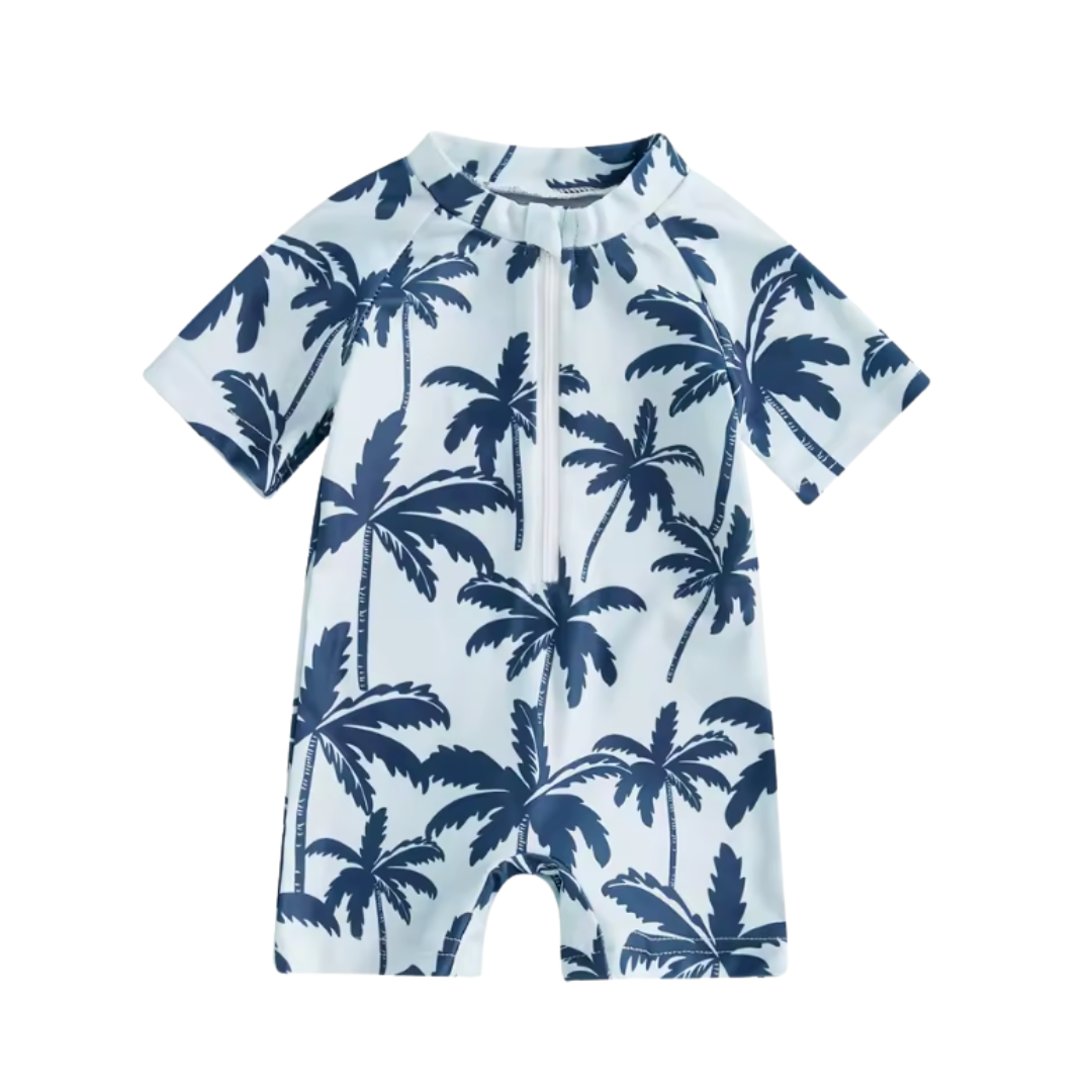 Zip Blue and White Palm Tree Swimsuit