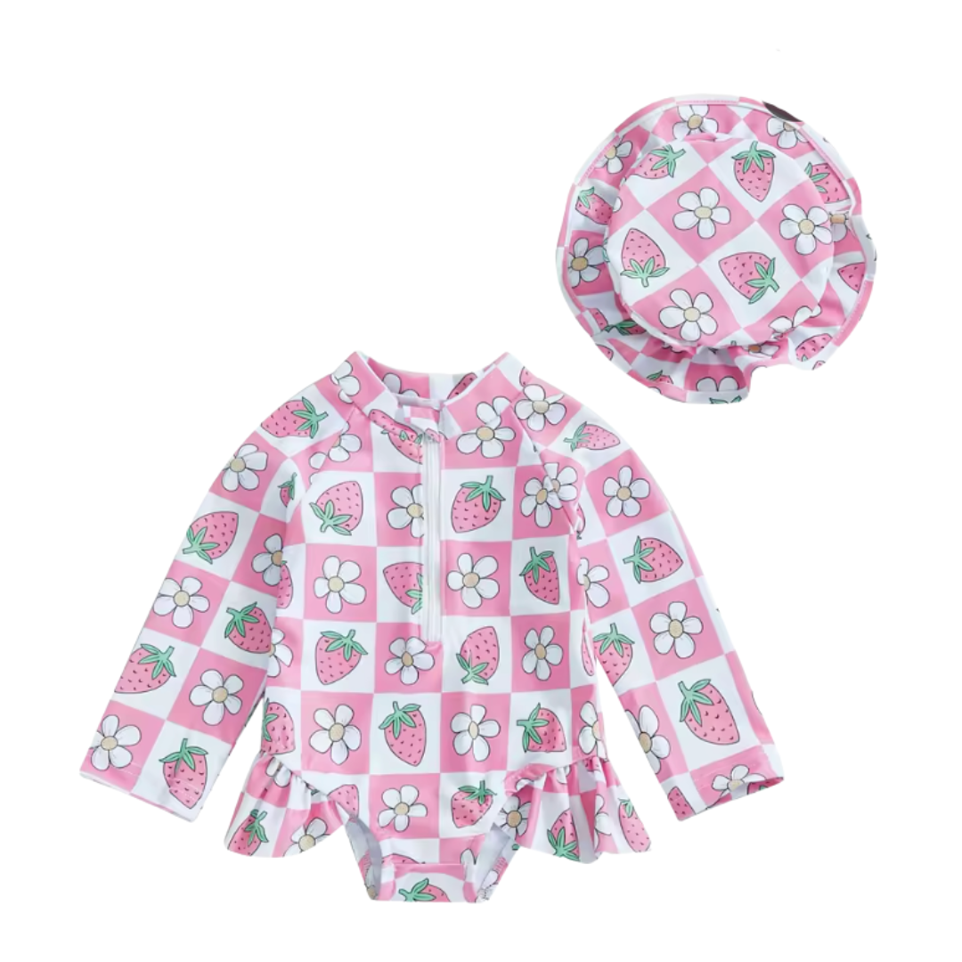 Pink Strawberry Chex Long Sleeve Swimsuit and Hat