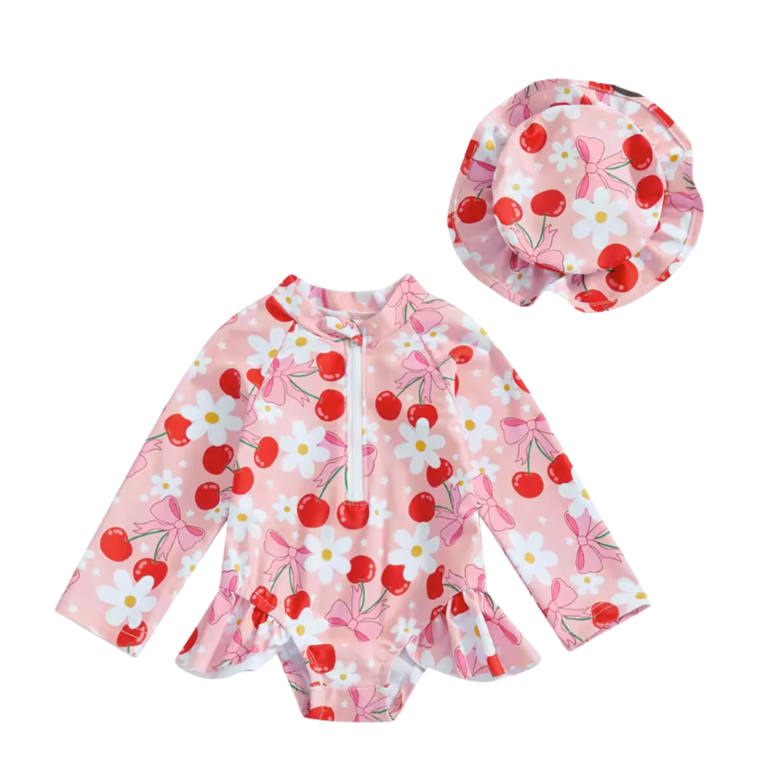 Pink Cherry Daisy Long Sleeve Swimsuit and Hat