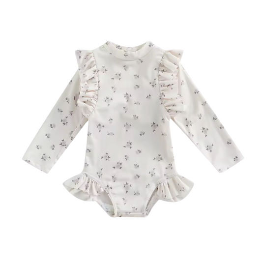 White Tiny Floral Long Sleeve Ruffle Swimsuit