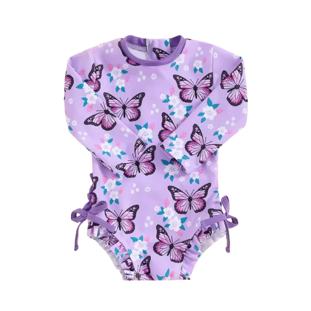 Purple Butterfly Long Sleeve One Piece Ruffle Swimsuit