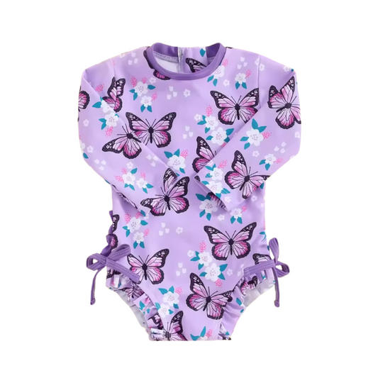 Purple Butterfly Long Sleeve One Piece Ruffle Swimsuit