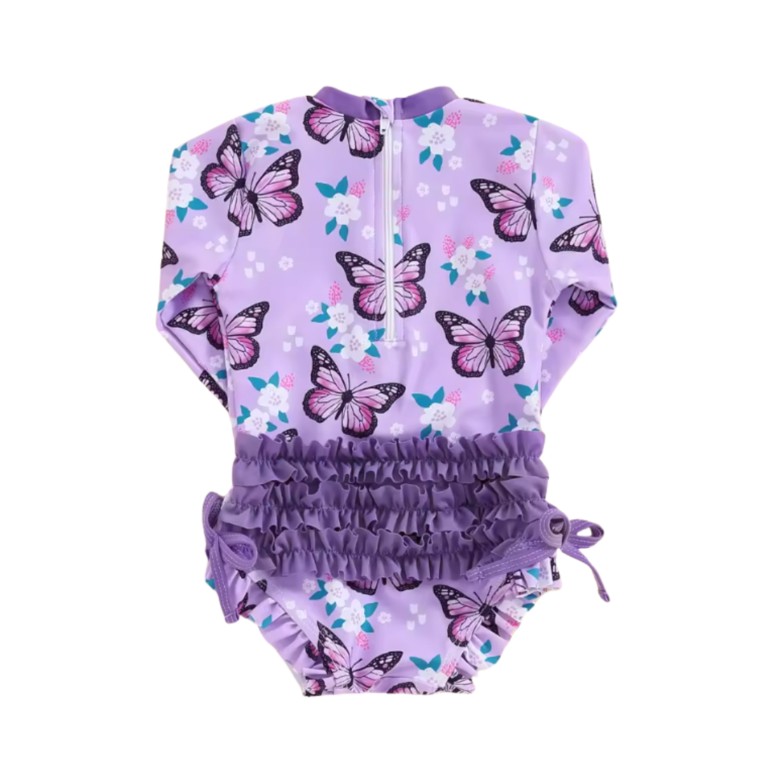 Purple Butterfly Long Sleeve One Piece Ruffle Swimsuit