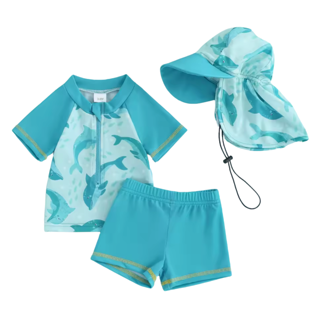 Blue Dolphin Two Piece Swimsuit with Hat