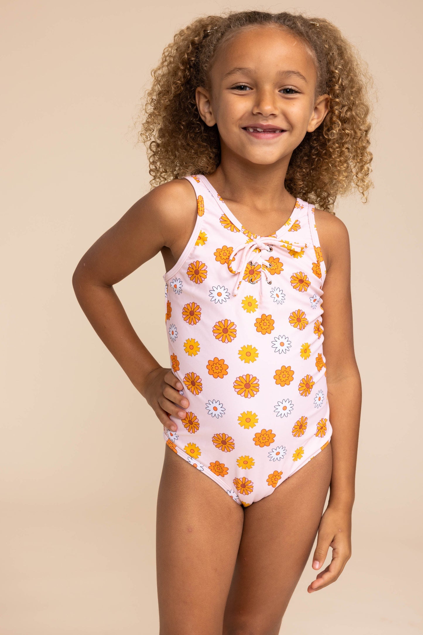 Orange floral print tie one piece girl swimsuit