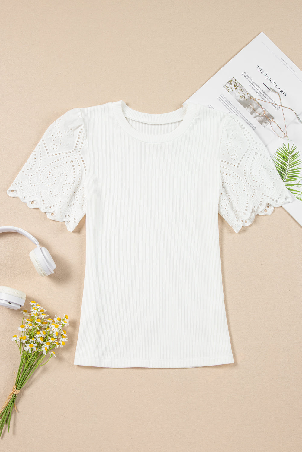 White Eyelet Patterned Ribbed Top RTS